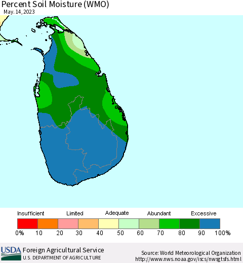 Sri Lanka Percent Soil Moisture (WMO) Thematic Map For 5/8/2023 - 5/14/2023