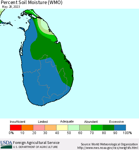 Sri Lanka Percent Soil Moisture (WMO) Thematic Map For 5/22/2023 - 5/28/2023