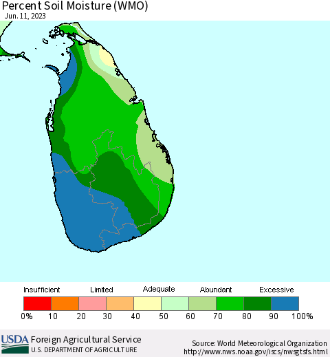 Sri Lanka Percent Soil Moisture (WMO) Thematic Map For 6/5/2023 - 6/11/2023