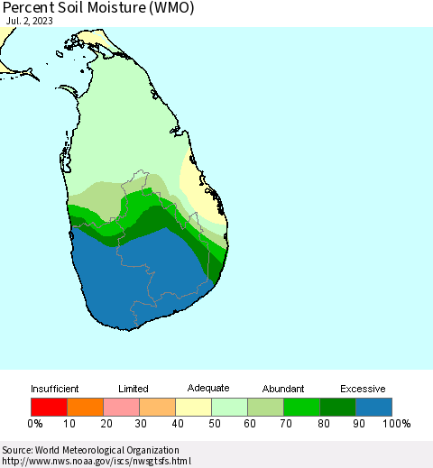 Sri Lanka Percent Soil Moisture (WMO) Thematic Map For 6/26/2023 - 7/2/2023