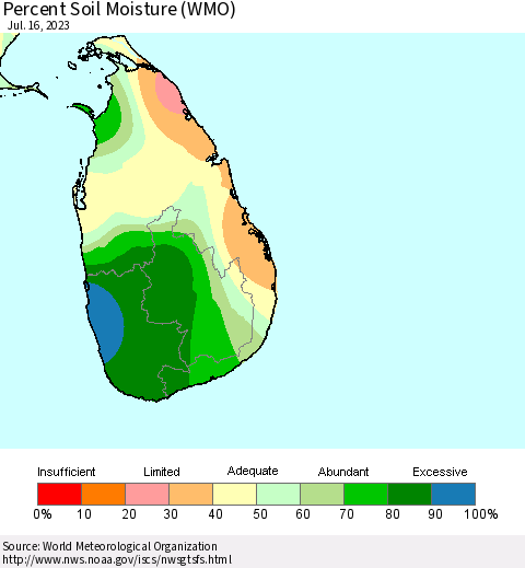 Sri Lanka Percent Soil Moisture (WMO) Thematic Map For 7/10/2023 - 7/16/2023