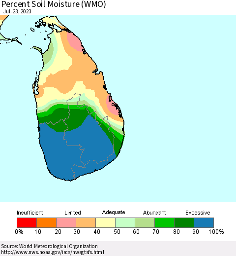 Sri Lanka Percent Soil Moisture (WMO) Thematic Map For 7/17/2023 - 7/23/2023