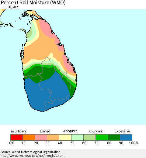 Sri Lanka Percent Soil Moisture (WMO) Thematic Map For 7/24/2023 - 7/30/2023
