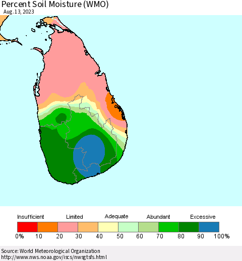 Sri Lanka Percent Soil Moisture (WMO) Thematic Map For 8/7/2023 - 8/13/2023