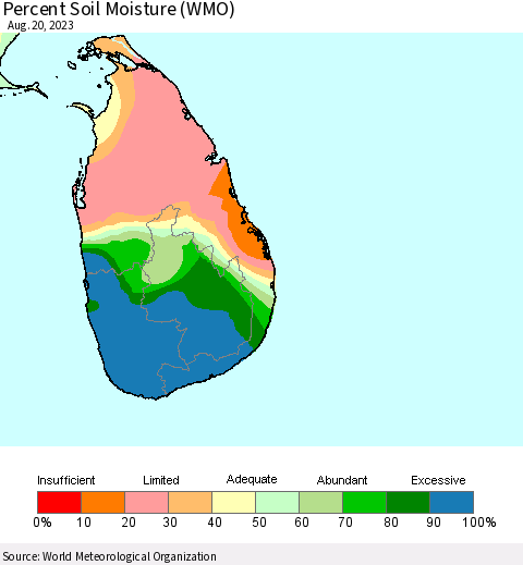 Sri Lanka Percent Soil Moisture (WMO) Thematic Map For 8/14/2023 - 8/20/2023