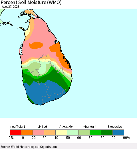 Sri Lanka Percent Soil Moisture (WMO) Thematic Map For 8/21/2023 - 8/27/2023