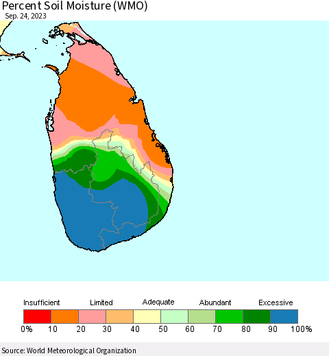 Sri Lanka Percent Soil Moisture (WMO) Thematic Map For 9/18/2023 - 9/24/2023