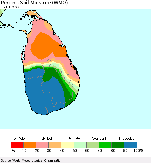 Sri Lanka Percent Soil Moisture (WMO) Thematic Map For 9/25/2023 - 10/1/2023