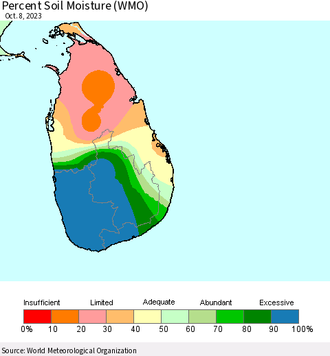 Sri Lanka Percent Soil Moisture (WMO) Thematic Map For 10/2/2023 - 10/8/2023