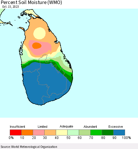 Sri Lanka Percent Soil Moisture (WMO) Thematic Map For 10/9/2023 - 10/15/2023