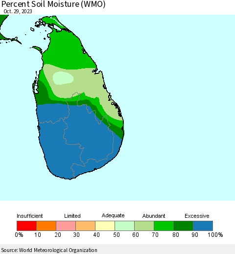 Sri Lanka Percent Soil Moisture (WMO) Thematic Map For 10/23/2023 - 10/29/2023