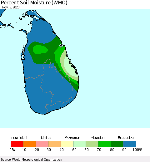 Sri Lanka Percent Soil Moisture (WMO) Thematic Map For 10/30/2023 - 11/5/2023
