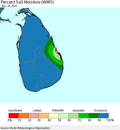 Sri Lanka Percent Soil Moisture (WMO) Thematic Map For 11/20/2023 - 11/26/2023