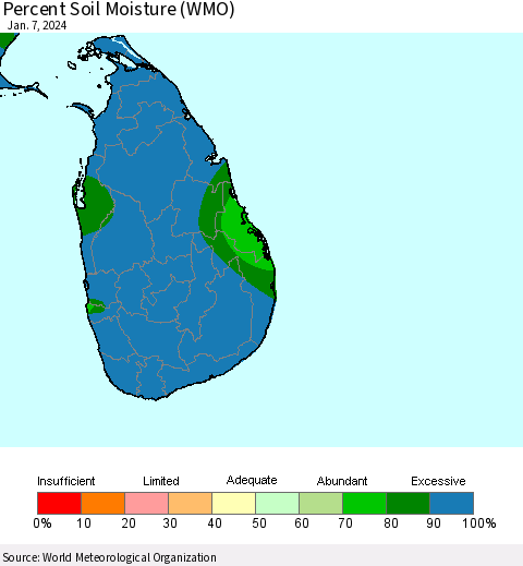 Sri Lanka Percent Soil Moisture (WMO) Thematic Map For 1/1/2024 - 1/7/2024