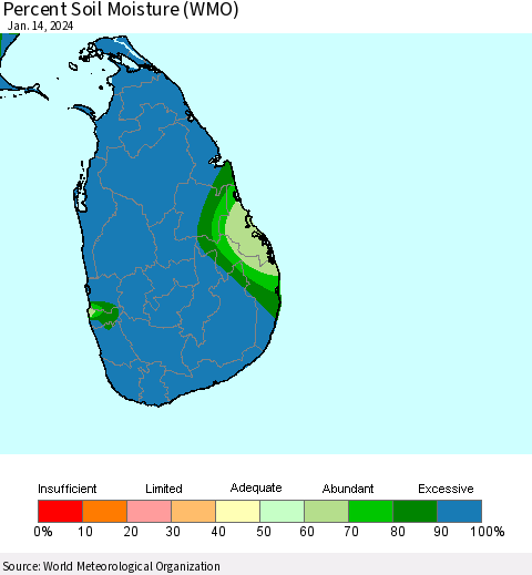 Sri Lanka Percent Soil Moisture (WMO) Thematic Map For 1/8/2024 - 1/14/2024