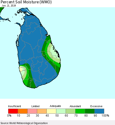 Sri Lanka Percent Soil Moisture (WMO) Thematic Map For 1/15/2024 - 1/21/2024