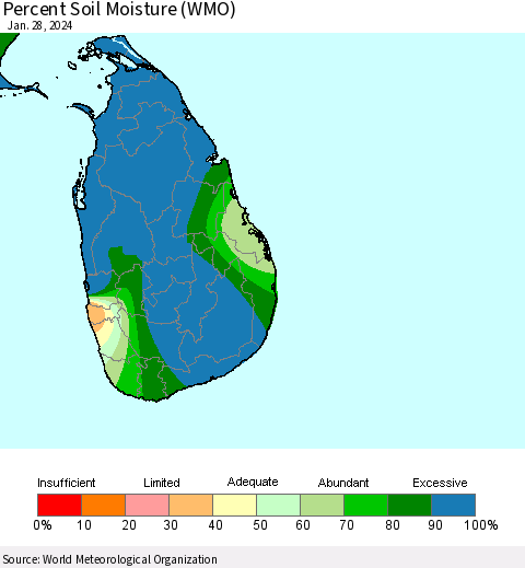 Sri Lanka Percent Soil Moisture (WMO) Thematic Map For 1/22/2024 - 1/28/2024