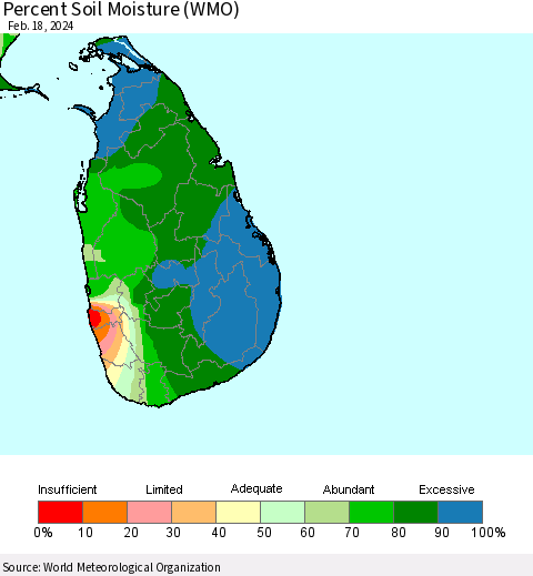 Sri Lanka Percent Soil Moisture (WMO) Thematic Map For 2/12/2024 - 2/18/2024