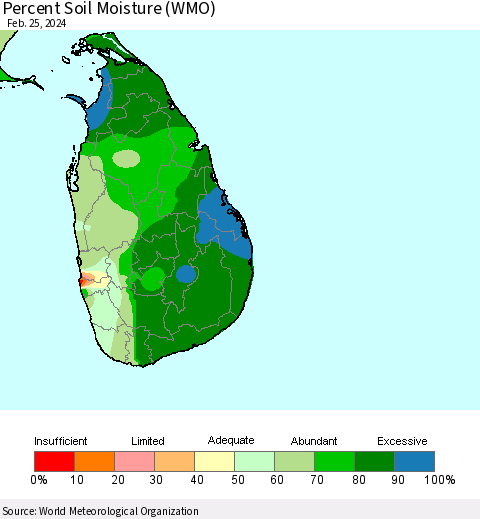 Sri Lanka Percent Soil Moisture (WMO) Thematic Map For 2/19/2024 - 2/25/2024