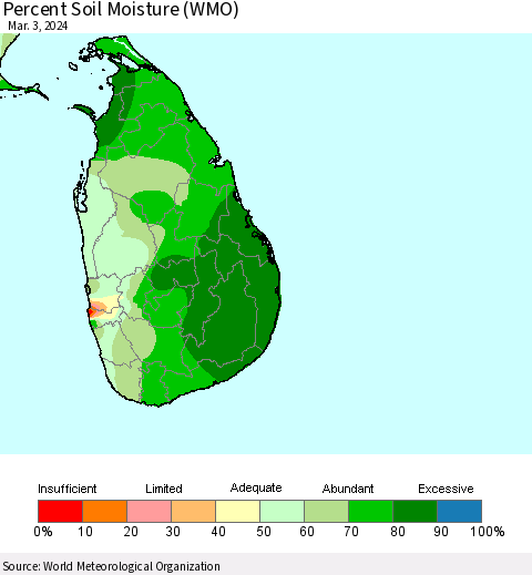 Sri Lanka Percent Soil Moisture (WMO) Thematic Map For 2/26/2024 - 3/3/2024