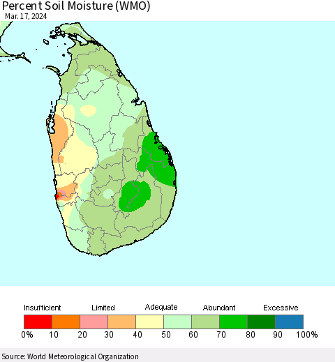 Sri Lanka Percent Soil Moisture (WMO) Thematic Map For 3/11/2024 - 3/17/2024