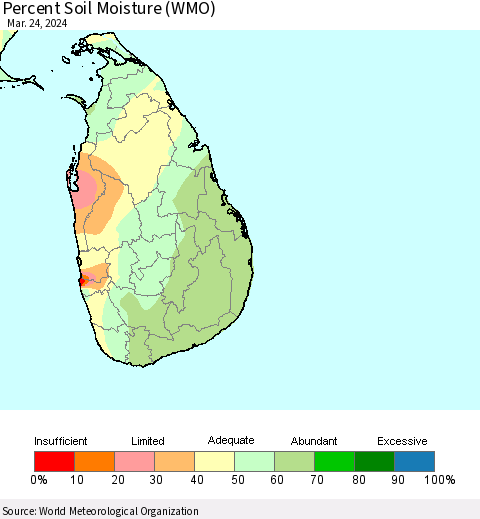 Sri Lanka Percent Soil Moisture (WMO) Thematic Map For 3/18/2024 - 3/24/2024