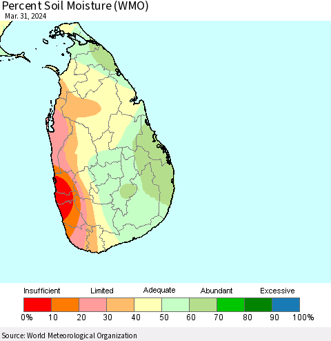 Sri Lanka Percent Soil Moisture (WMO) Thematic Map For 3/25/2024 - 3/31/2024