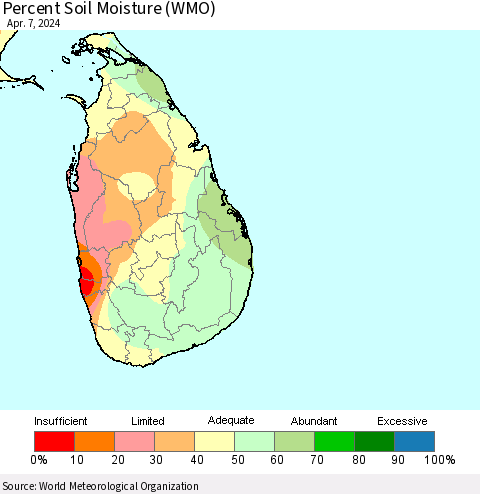 Sri Lanka Percent Soil Moisture (WMO) Thematic Map For 4/1/2024 - 4/7/2024
