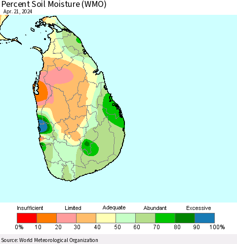 Sri Lanka Percent Soil Moisture (WMO) Thematic Map For 4/15/2024 - 4/21/2024