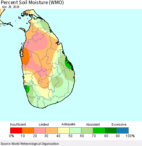 Sri Lanka Percent Soil Moisture (WMO) Thematic Map For 4/22/2024 - 4/28/2024