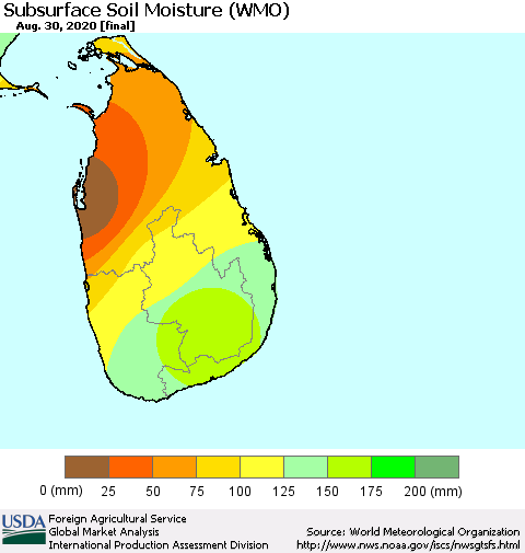 Sri Lanka Subsurface Soil Moisture (WMO) Thematic Map For 8/24/2020 - 8/30/2020