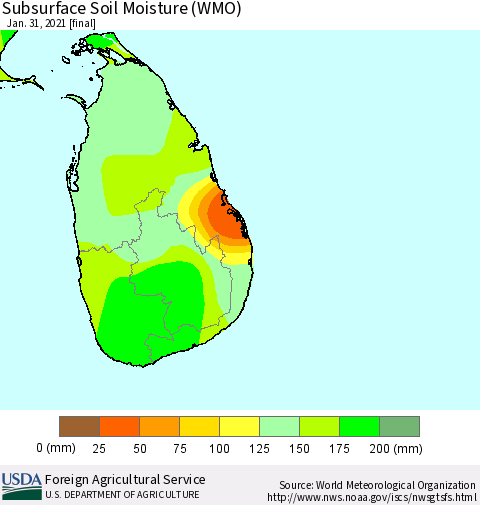 Sri Lanka Subsurface Soil Moisture (WMO) Thematic Map For 1/25/2021 - 1/31/2021