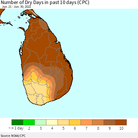 Sri Lanka Maximum Consecutive Dry Days in past 10 days (CPC Precipitation) Thematic Map For 6/26/2022 - 6/30/2022
