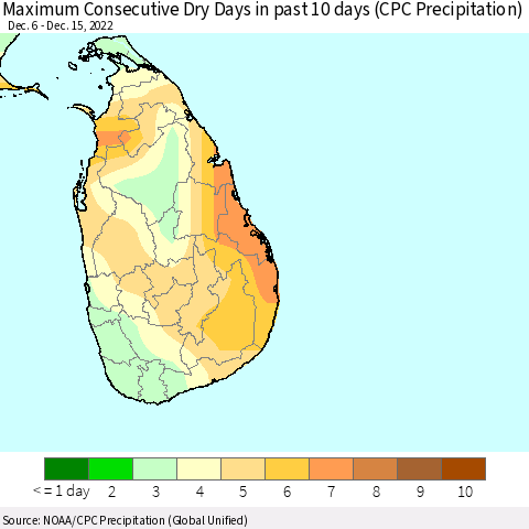 Sri Lanka Maximum Consecutive Dry Days in past 10 days (CPC Precipitation) Thematic Map For 12/11/2022 - 12/15/2022