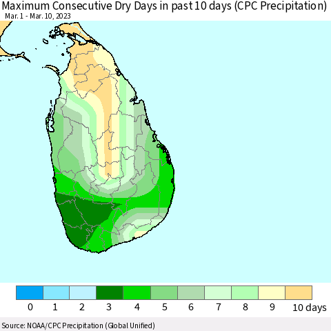 Sri Lanka Maximum Consecutive Dry Days in past 10 days (CPC Precipitation) Thematic Map For 3/6/2023 - 3/10/2023