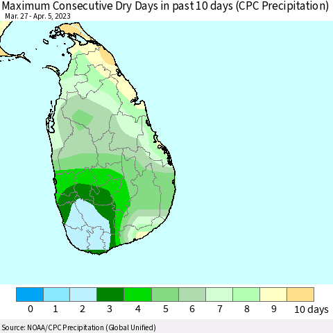 Sri Lanka Maximum Consecutive Dry Days in past 10 days (CPC Precipitation) Thematic Map For 4/1/2023 - 4/5/2023
