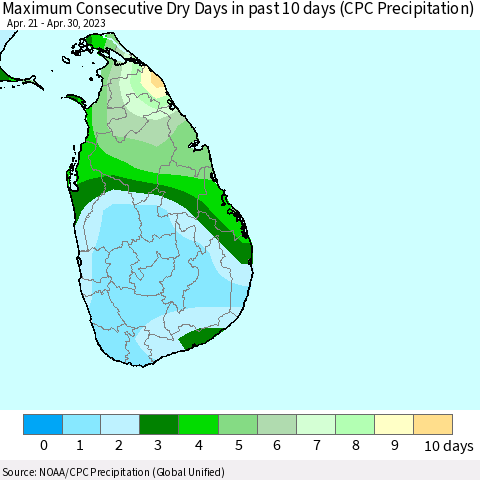 Sri Lanka Maximum Consecutive Dry Days in past 10 days (CPC Precipitation) Thematic Map For 4/26/2023 - 4/30/2023