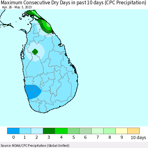 Sri Lanka Maximum Consecutive Dry Days in past 10 days (CPC Precipitation) Thematic Map For 5/1/2023 - 5/5/2023
