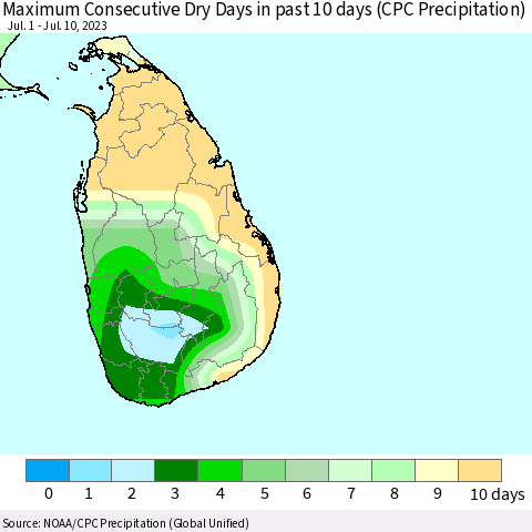 Sri Lanka Maximum Consecutive Dry Days in past 10 days (CPC Precipitation) Thematic Map For 7/6/2023 - 7/10/2023
