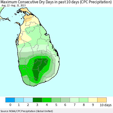 Sri Lanka Maximum Consecutive Dry Days in past 10 days (CPC Precipitation) Thematic Map For 8/26/2023 - 8/31/2023