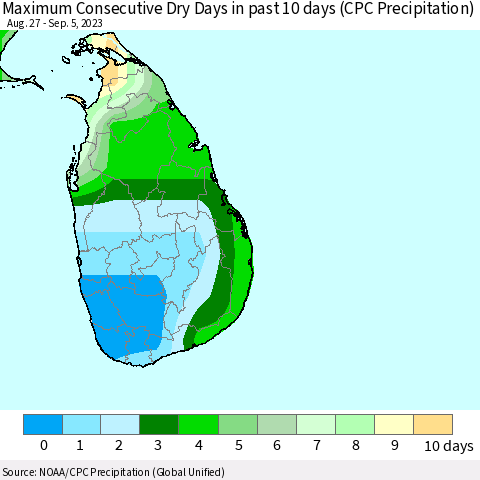 Sri Lanka Maximum Consecutive Dry Days in past 10 days (CPC Precipitation) Thematic Map For 9/1/2023 - 9/5/2023