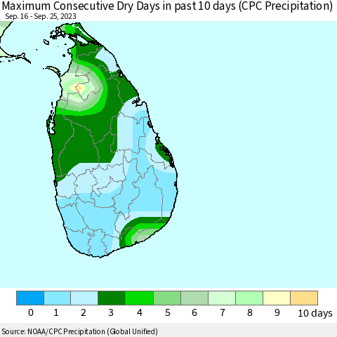 Sri Lanka Maximum Consecutive Dry Days in past 10 days (CPC Precipitation) Thematic Map For 9/21/2023 - 9/25/2023