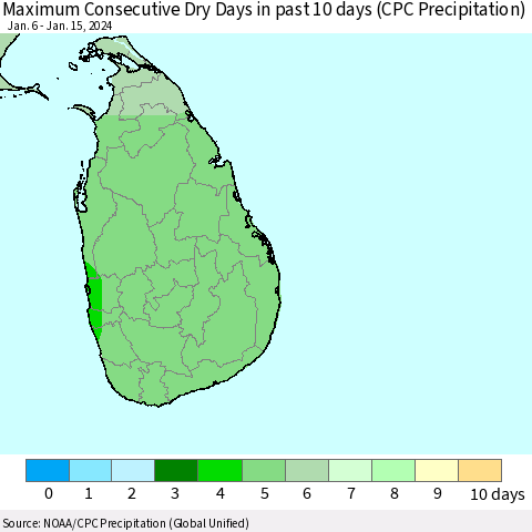 Sri Lanka Maximum Consecutive Dry Days in past 10 days (CPC Precipitation) Thematic Map For 1/11/2024 - 1/15/2024