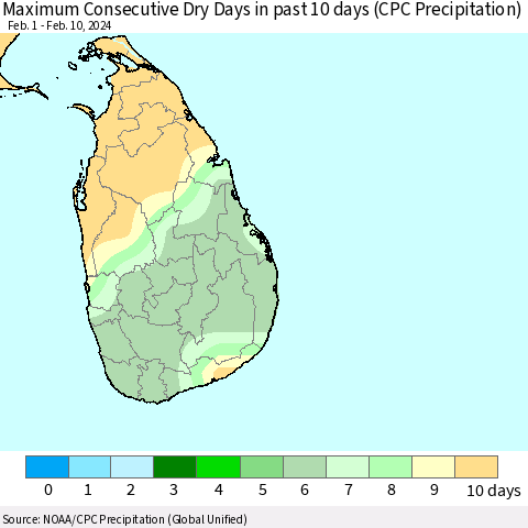 Sri Lanka Maximum Consecutive Dry Days in past 10 days (CPC Precipitation) Thematic Map For 2/6/2024 - 2/10/2024