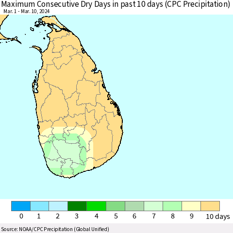 Sri Lanka Maximum Consecutive Dry Days in past 10 days (CPC Precipitation) Thematic Map For 3/6/2024 - 3/10/2024