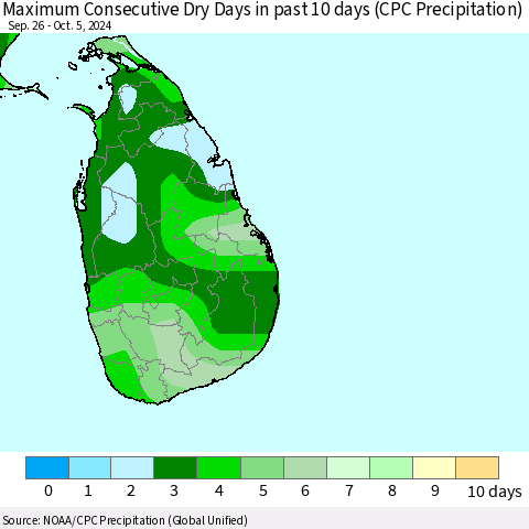 Sri Lanka Maximum Consecutive Dry Days in past 10 days (CPC Precipitation) Thematic Map For 10/1/2024 - 10/5/2024