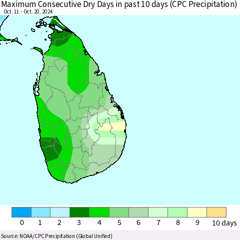 Sri Lanka Maximum Consecutive Dry Days in past 10 days (CPC Precipitation) Thematic Map For 10/16/2024 - 10/20/2024