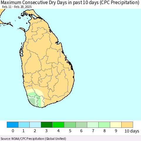 Sri Lanka Maximum Consecutive Dry Days in past 10 days (CPC Precipitation) Thematic Map For 2/16/2025 - 2/20/2025