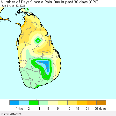 Sri Lanka Number of Days Since a Rain Day in past 30 days (CPC) Thematic Map For 6/26/2022 - 6/30/2022