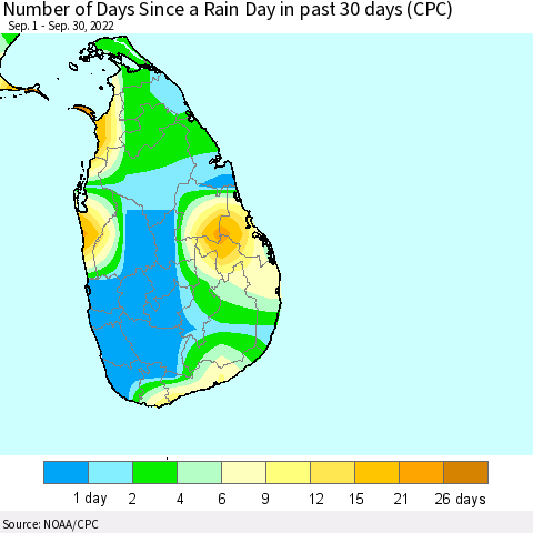 Sri Lanka Number of Days Since a Rain Day in past 30 days (CPC) Thematic Map For 9/26/2022 - 9/30/2022